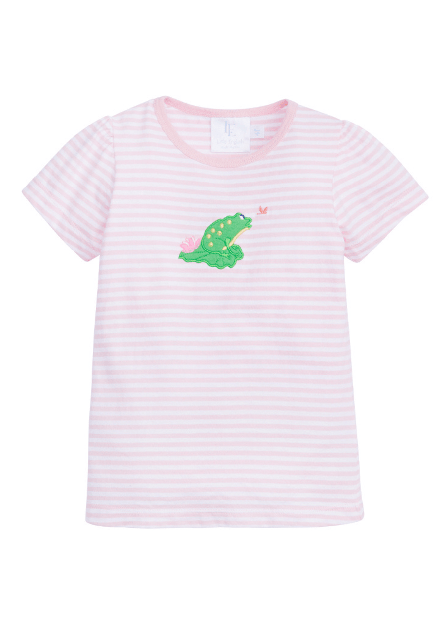 classic childrens clothing girls pink and white striped t-shirt with applique frog