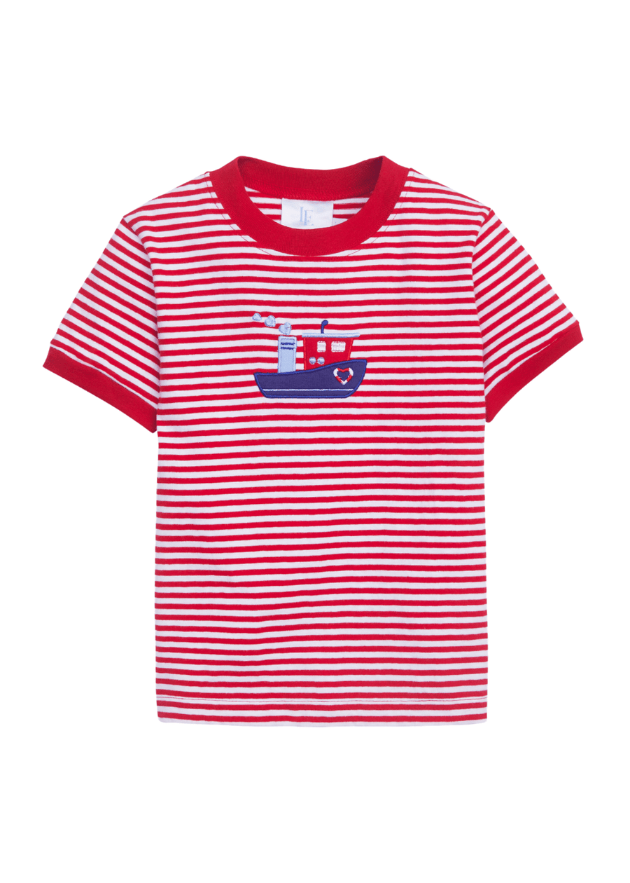 Little English boy's red and white striped t-shirt with tugboat applique, Valentine's day t-shirt for boy
