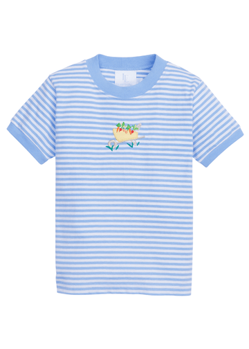 Little English boy's light blue and white striped wheel barrow applique t-shirt