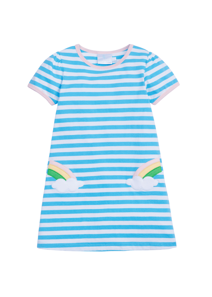 classic childrens clothing girls t-shirt dress in blue and white stripes with rainbow applique