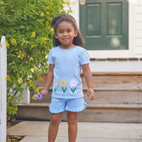 classic childrens clothing girls blue and white striped t-shirt with yellow and white daisies