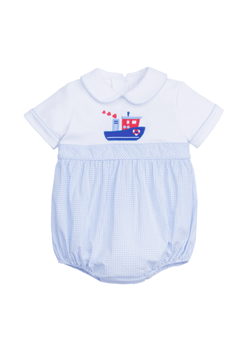 classic childrens clothing boys apron bubble with blue gingham bottom and knit top with applique heart tug boat