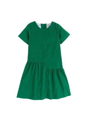 classic girls clothing evergreen corduroy dress with asymmetrical drop hem and short sleeves