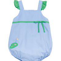 classic childrens clothing girls blue bubble with green ruffle sleeves and applique golf