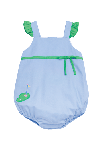 classic childrens clothing girls blue bubble with green ruffle sleeves and applique golf