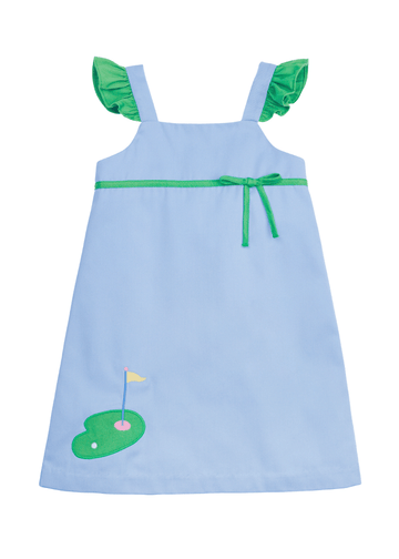 classic childrens clothing girls blue dress with green ruffle sleeves and applique golf