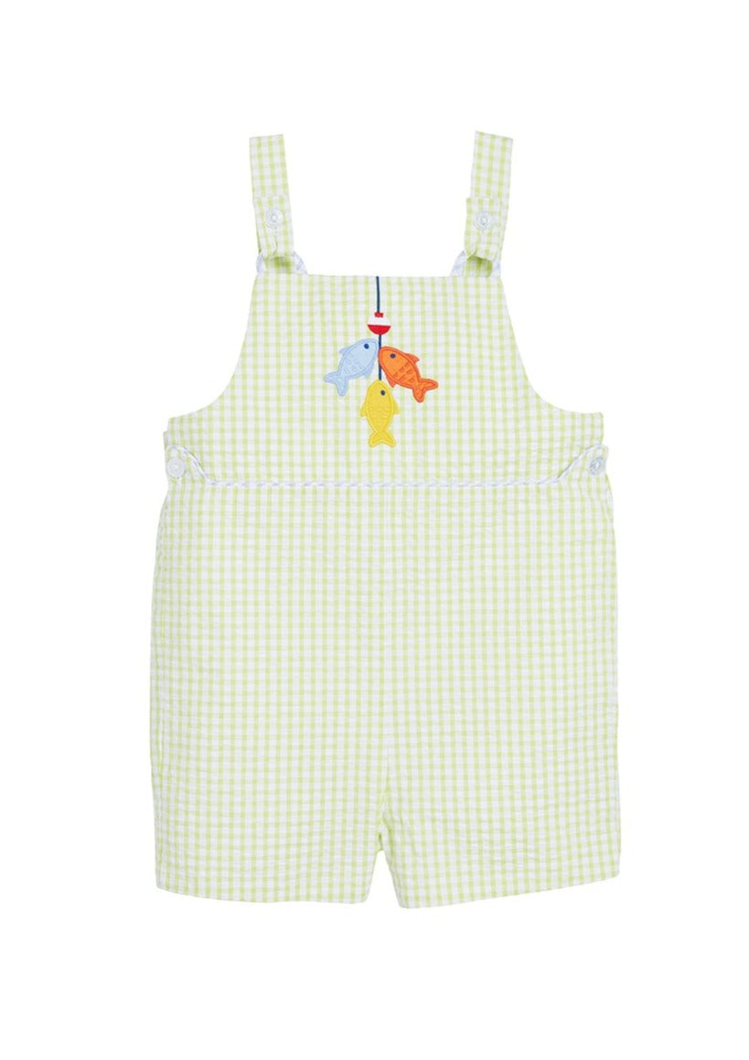 classic childrens clothing boys green gingham shortall with fish applique