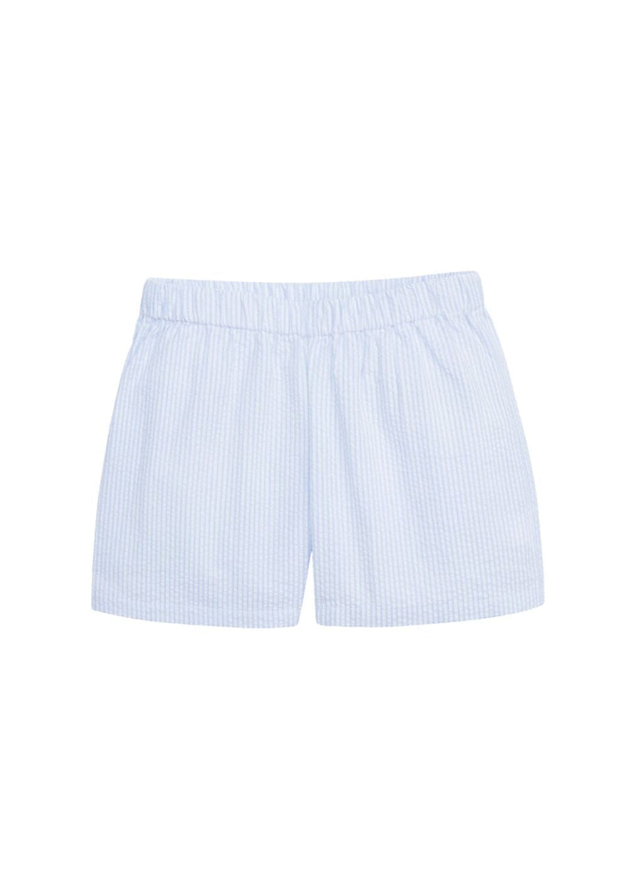 Little English boy's elastic waist shorts, light blue seersucker stripe for spriing