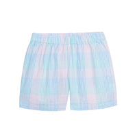 Little English boy's elastic waist shorts, pink and blue seersucker plaid shorts for spring