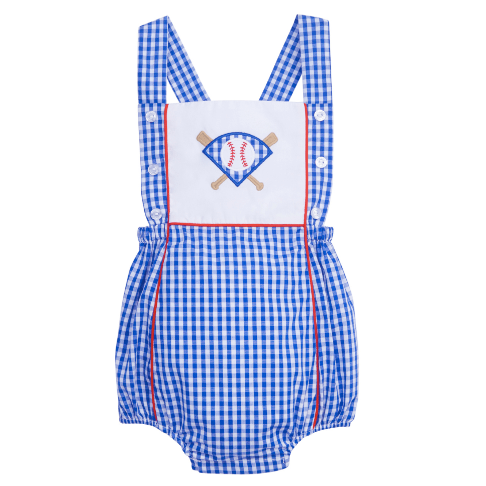 classic childrens clothing boys bubble in blue gingham with applique baseball