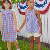 classic childrens clothing girls red white and blue gingham halter dress with red piping