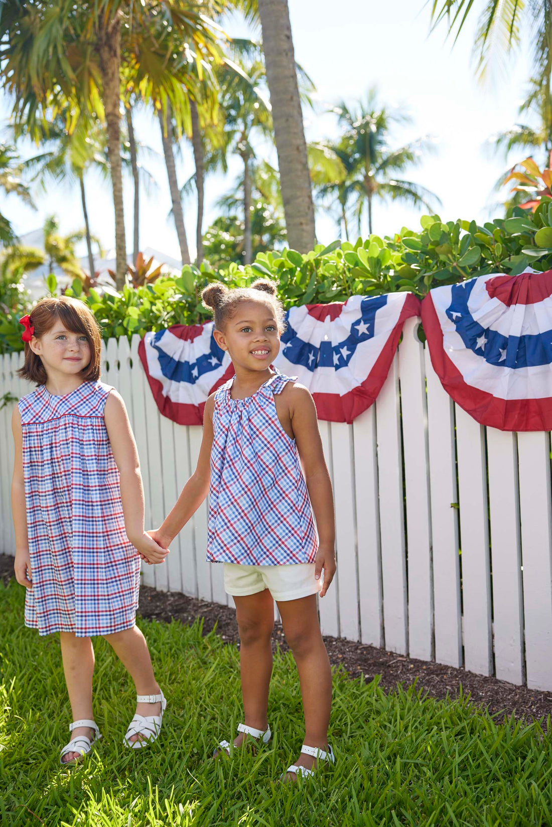 classic childrens clothing girls tie top in a red white and blue gingham pattern