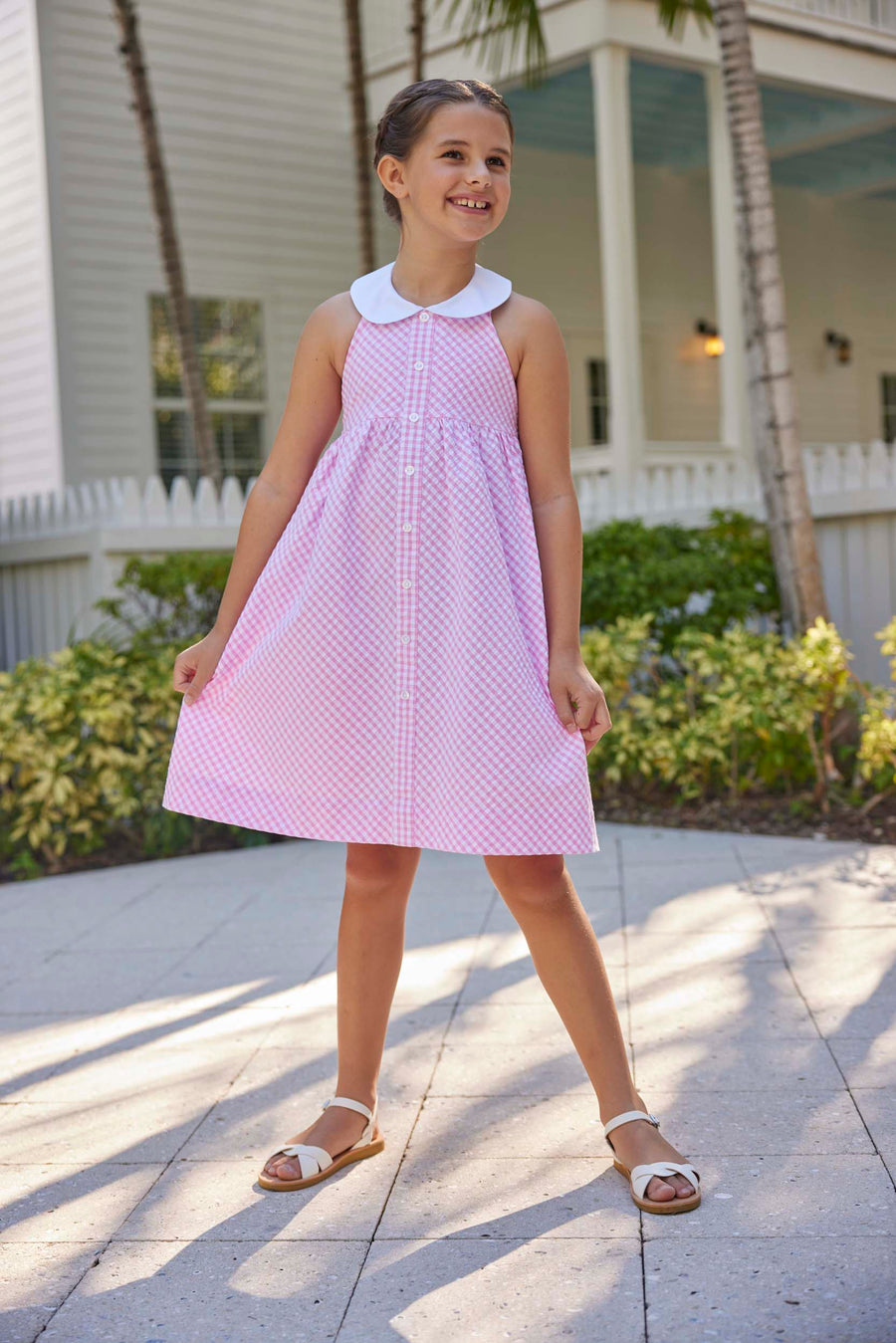 classic childrens clothing girls pink gingham halter dress with white collar