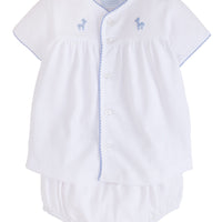Little English classic and traditional baby clothing, little boy blue giraffe two piece set