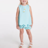 classic childrens clothing girls bloomer set in aqua with bow in the back and applique sailboat on chest