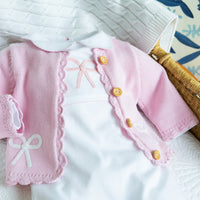 Little English traditional baby clothing, signature crochet playsuit with pink bow for baby girl