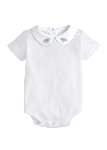 Little English baby boy's pinpoint onesie with sheep design