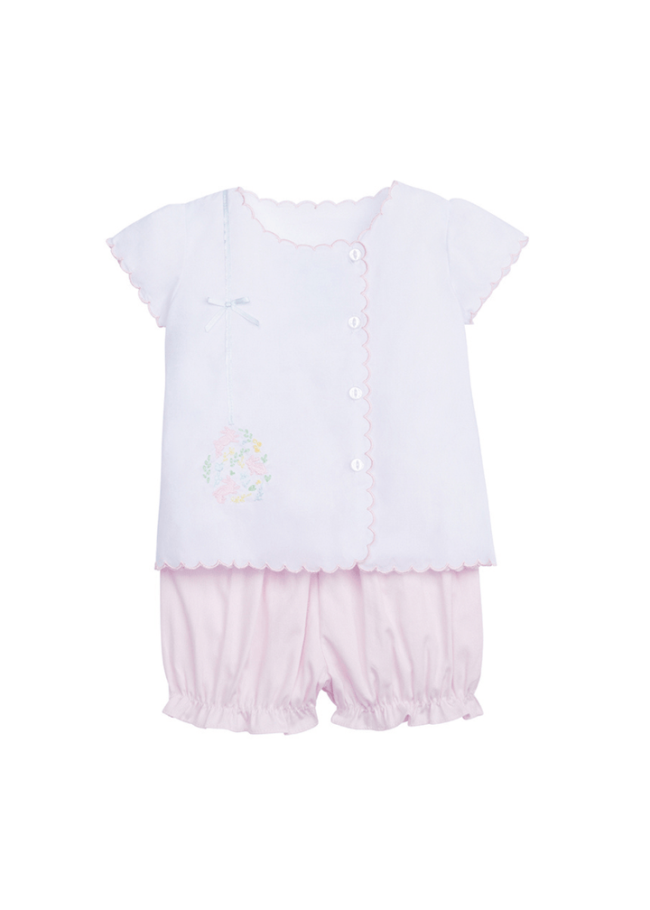 classic childrens clothing girls bloomer set with light pink bloomers and button up top with embroidered bunny detail