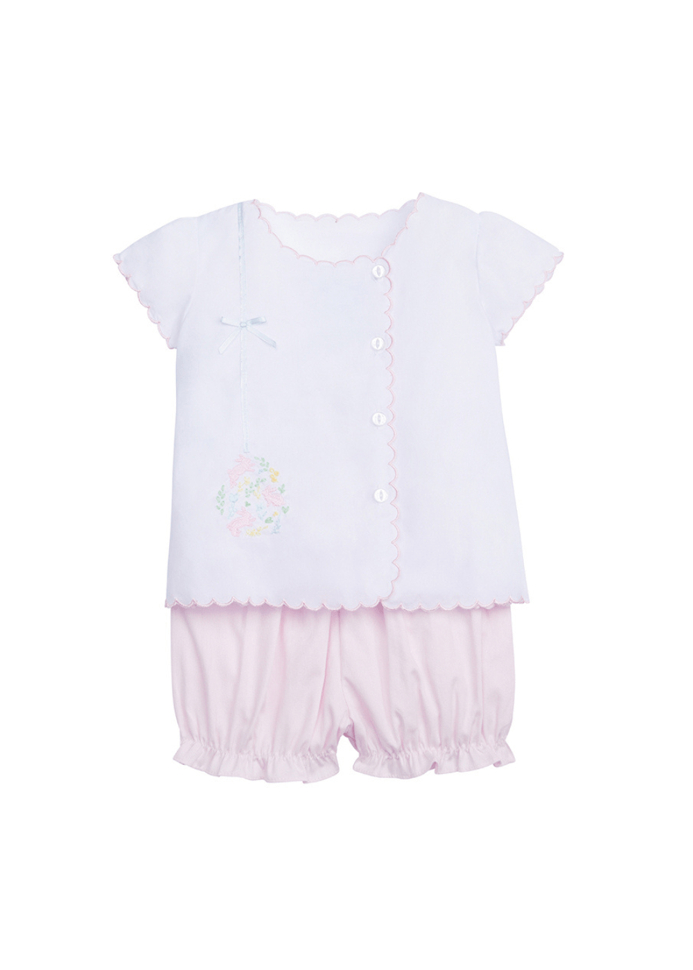 classic childrens clothing girls bloomer set with light pink bloomers and button up top with embroidered bunny detail