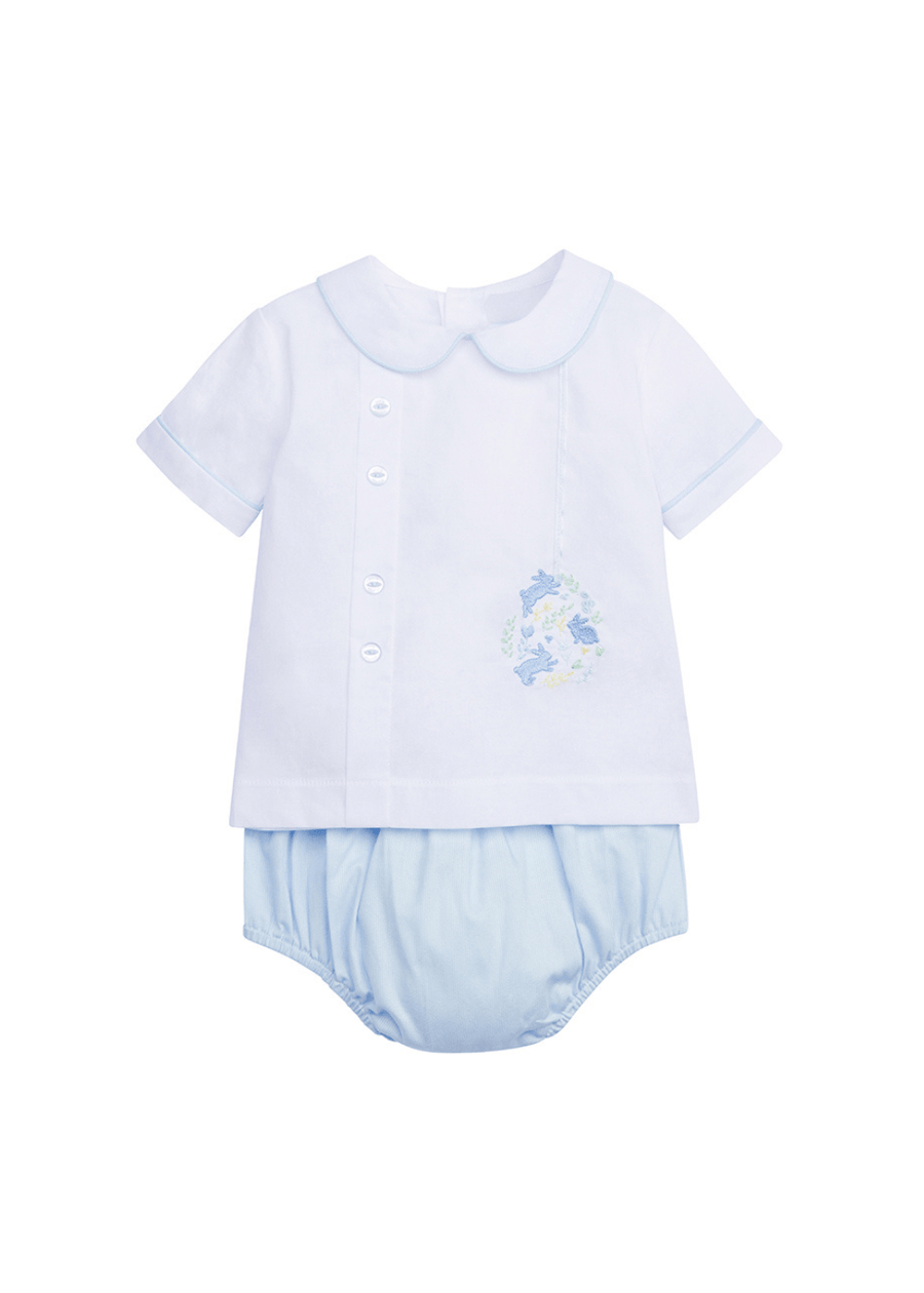 classic childrens clothing boys diaper set with light blue diaper cover and white button up peter pan shirt with embroidered bunny detail