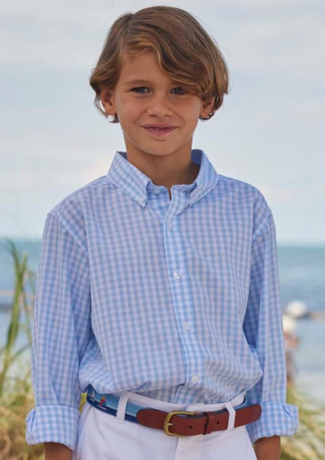 Little English tween boy light blue plaid button down with pearl colored buttons