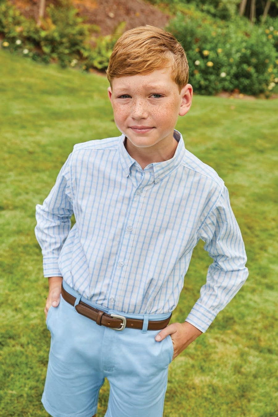 little english boy's traditional button down in blue window pane