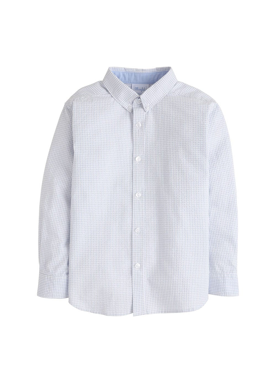 Little English boy's classic button down shirt in light blue seersucker gingham