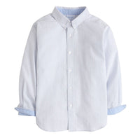 Little English boy's classic button down shirt in light blue seersucker gingham