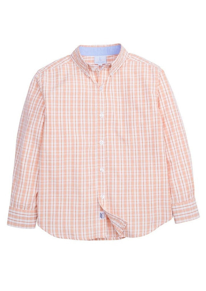 classic childrens clothing boys button down collared shirt with orange and white striped plaid