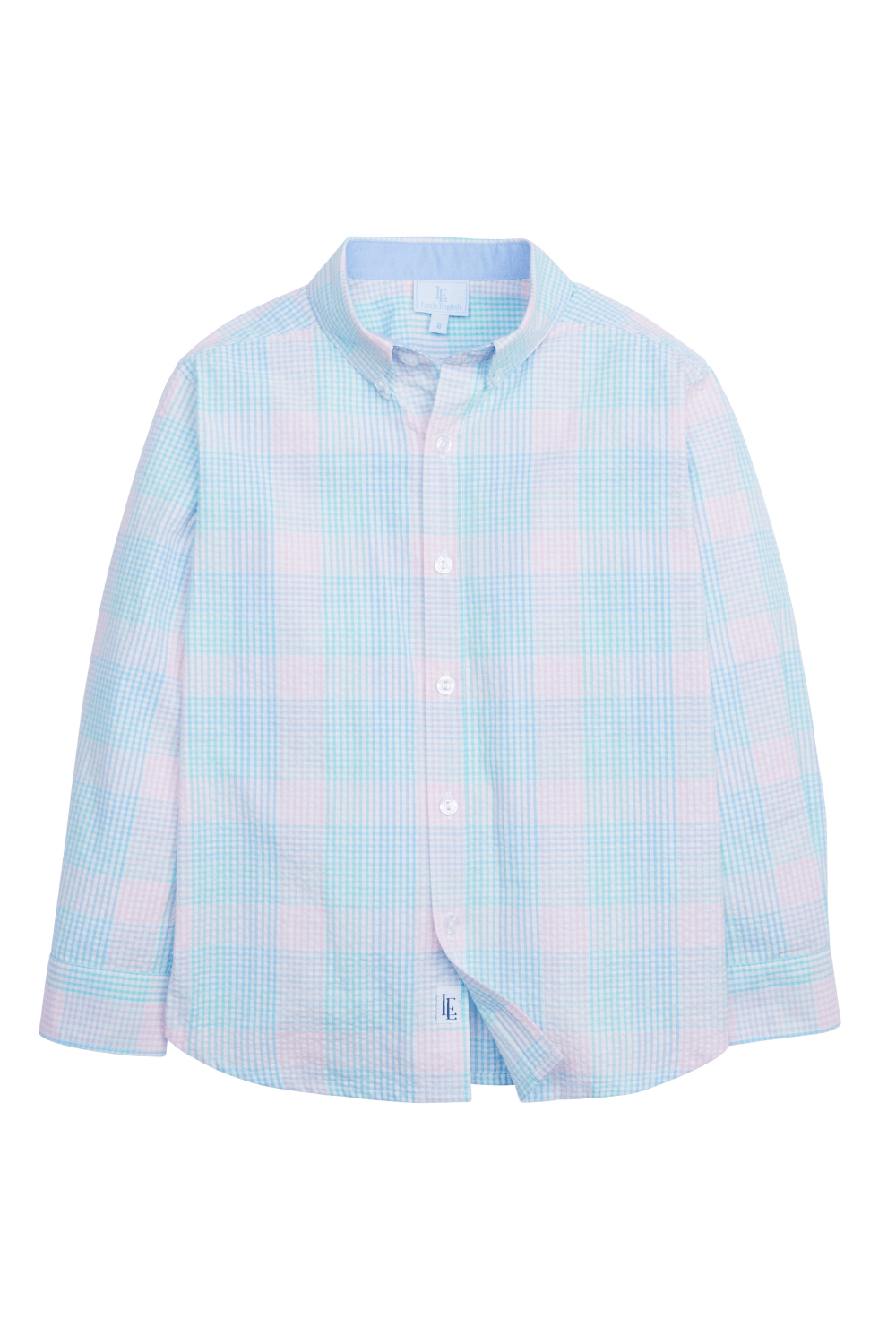 classic childrens clothing boys button down collared shirt in pink and blue plaid
