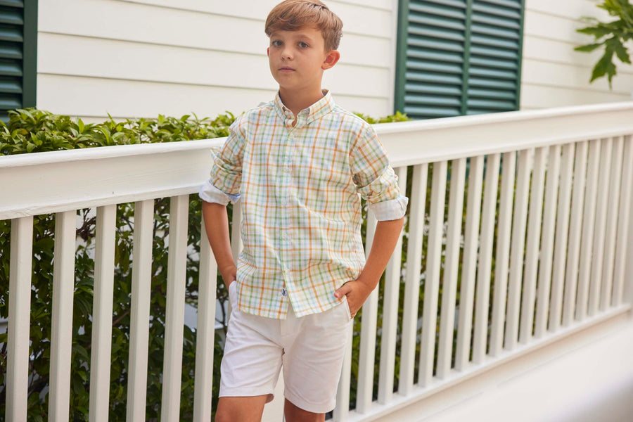classic childrens clothing boys button down shirt in orange blue and green check pattern