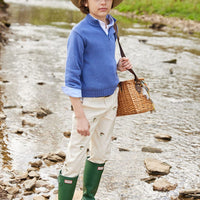 classic childrens clothing boys pant in khaki with embroidered trout pattern