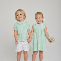 Little English boy's two piece set, green plaid peter pan collar shirt with white shorts