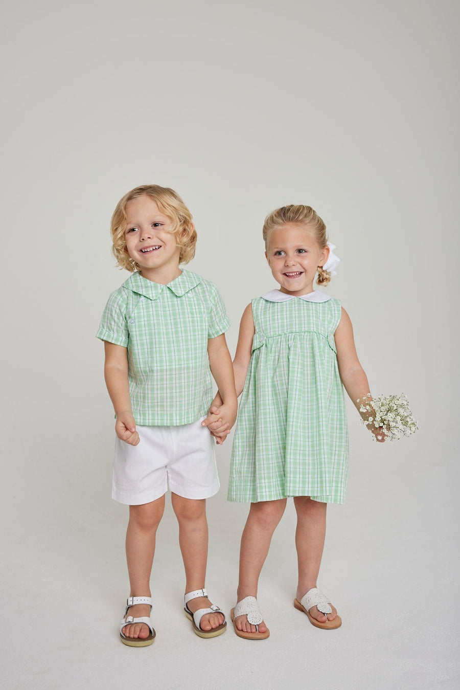 Little English boy's two piece set, green plaid peter pan collar shirt with white shorts