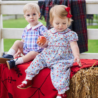 classic baby girl clothes baby girl rommper in blue and red floral print with red piping detail and peter pan collar