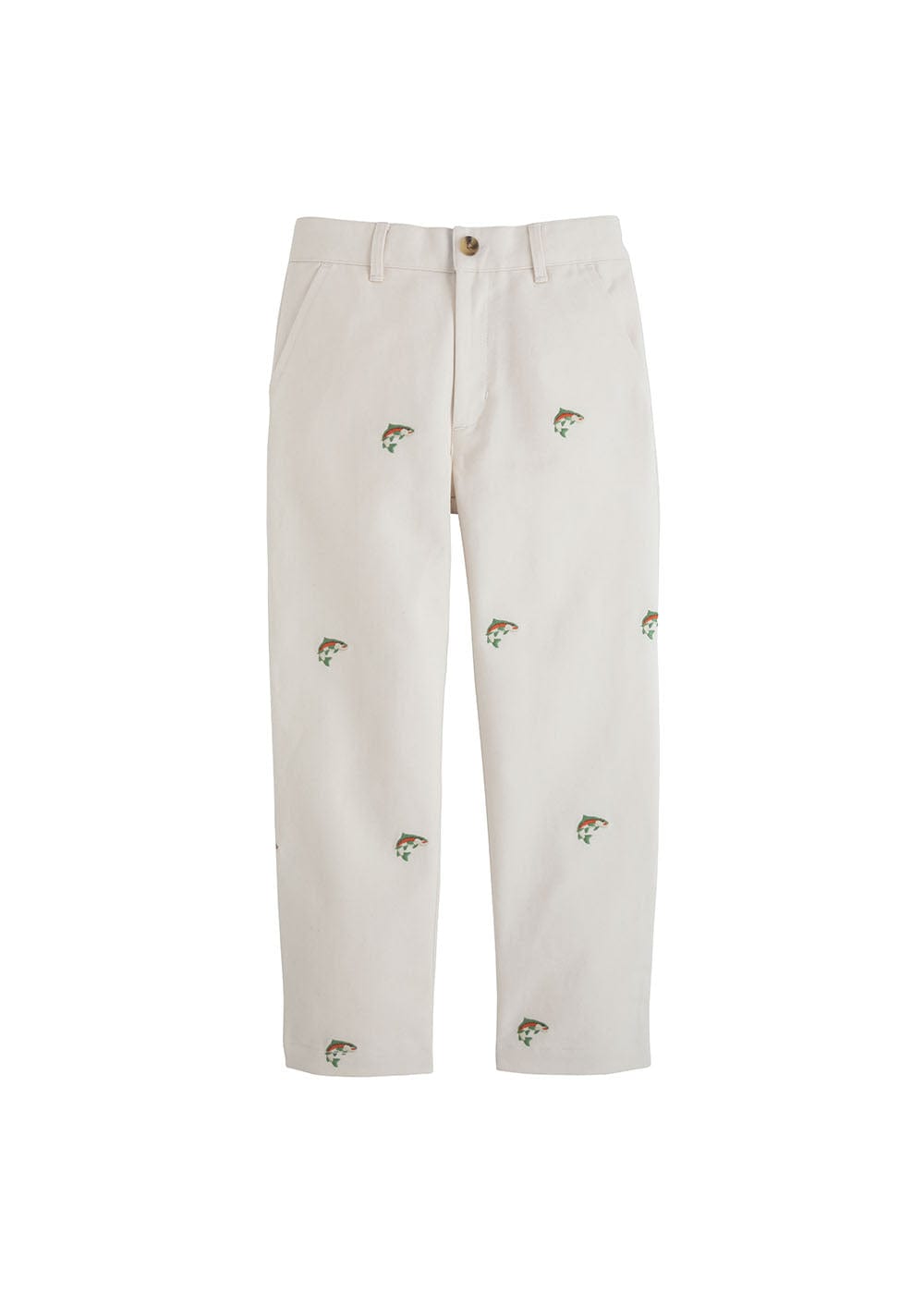 classic childrens clothing boys pant in khaki with embroidered trout pattern