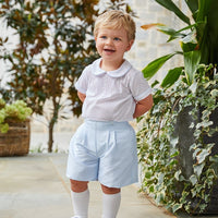 Classic Little English Boy's Formal Short Set with White Shirt and Light Blue Shorts