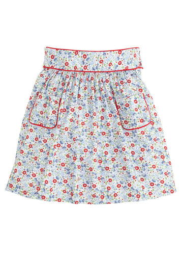 classic childrens clothing girls skirt in red and blue floral pattern with pockets and red piping detailing