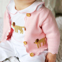 little english traditional playsuit with crochet lab dog and pink pique detail