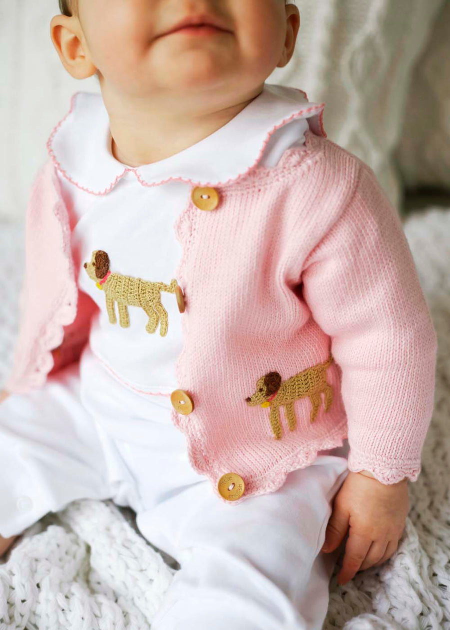 little english little girl pink sweater with crochet lab dog detail