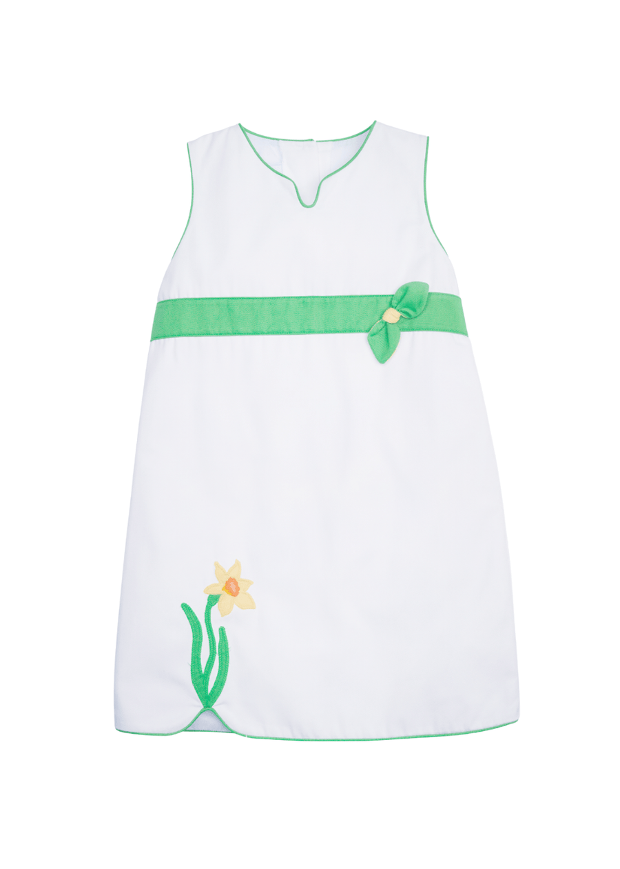 classic childrens clothing girls white dress with green piping and bow sash and daffodil 