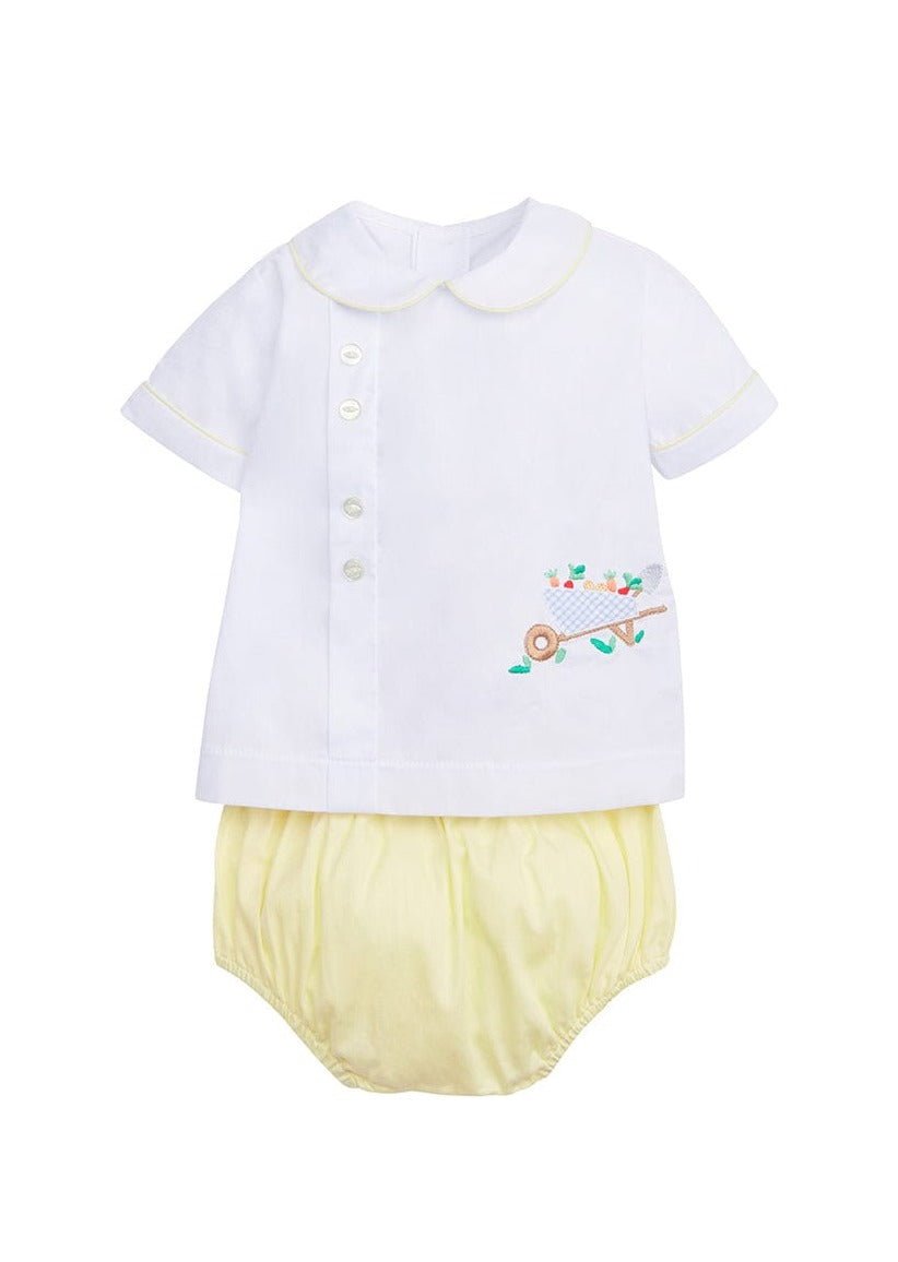 classic childrens clothing boys diaper set with yellow diaper cover and white peter pan shirt with wheel barrow embroidery