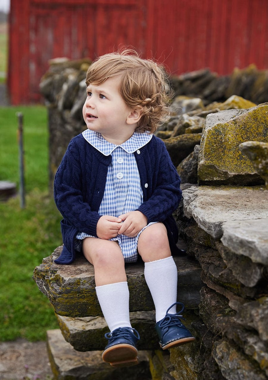 classic childrens clothing boys bubble in gray blue gingham with button tabs collar and white piping