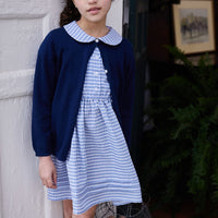 classic girls clothing girls dress with cap sleeves in blue and white gingham print and peter pan collar