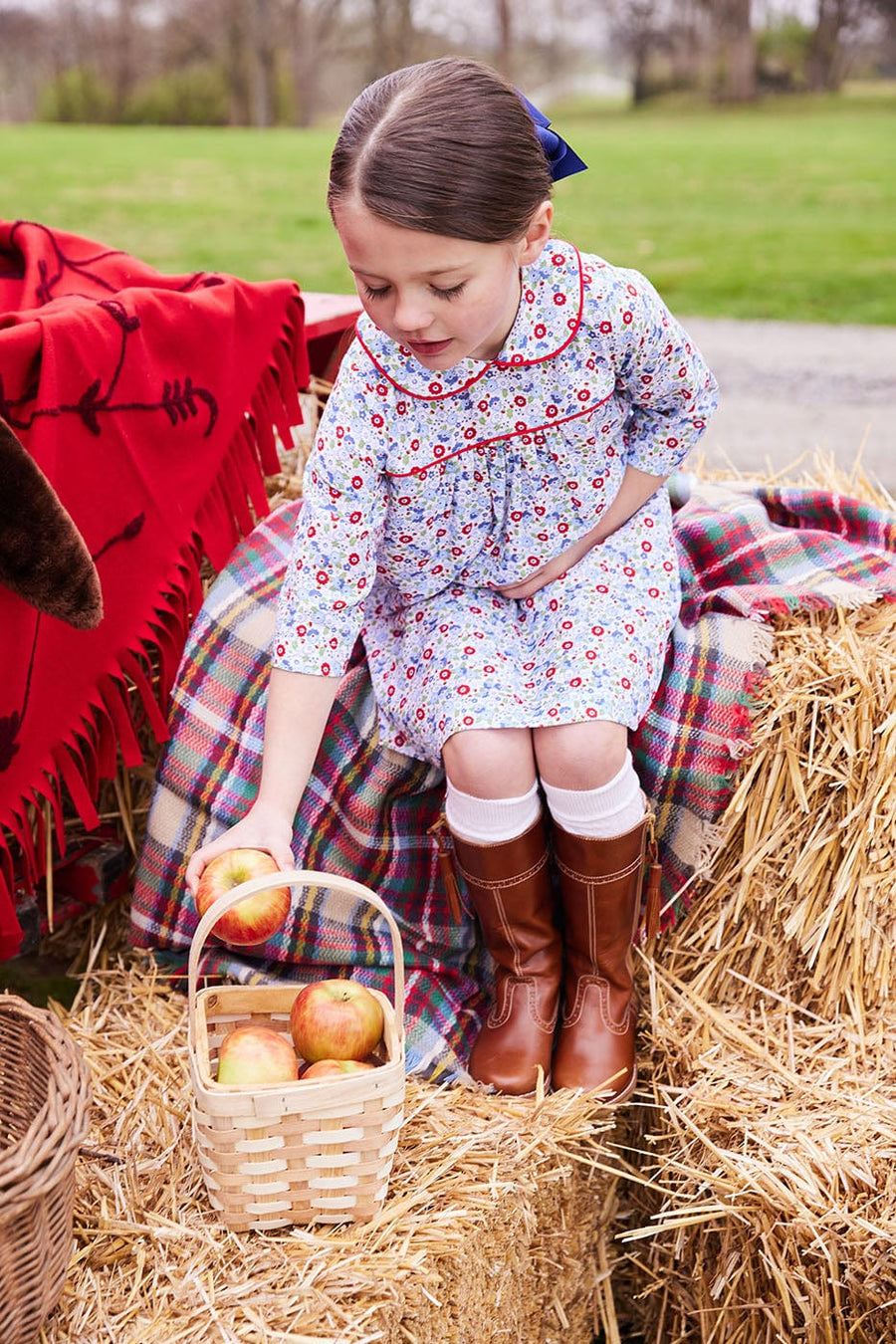 classic girls clothing girls flowy long sleeve dress with peter pan collar and red piping detailing