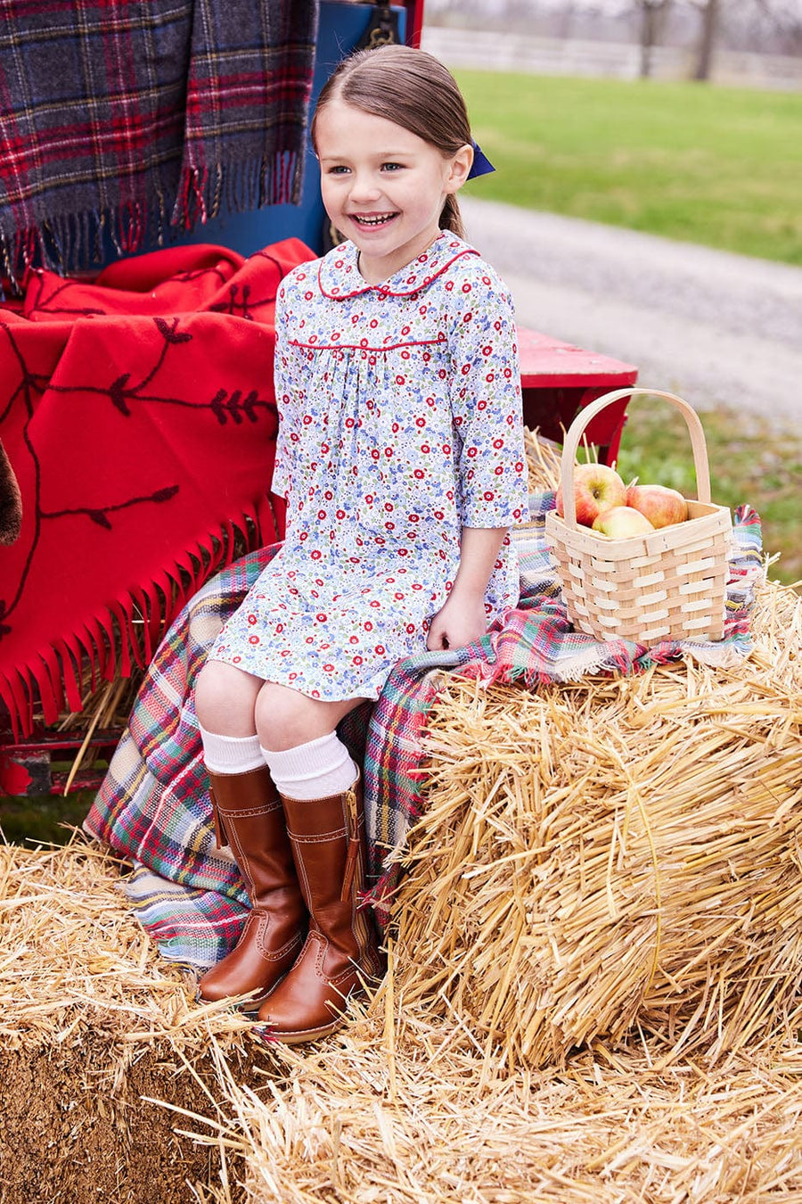 classic girls clothing girls flowy long sleeve dress with peter pan collar and red piping detailing