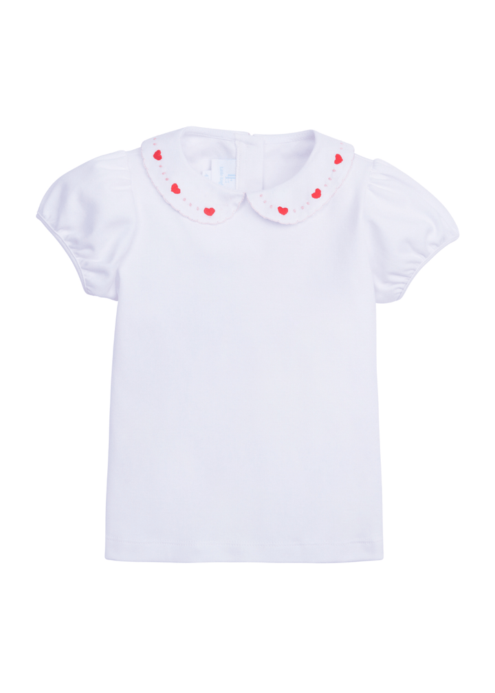 Little English girl's knit short sleeve top with heart embroidery at the collar