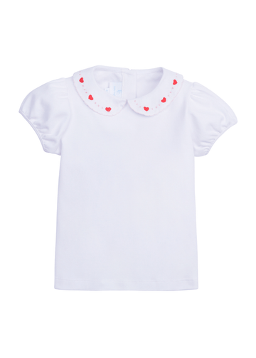 Little English girl's knit short sleeve top with heart embroidery at the collar