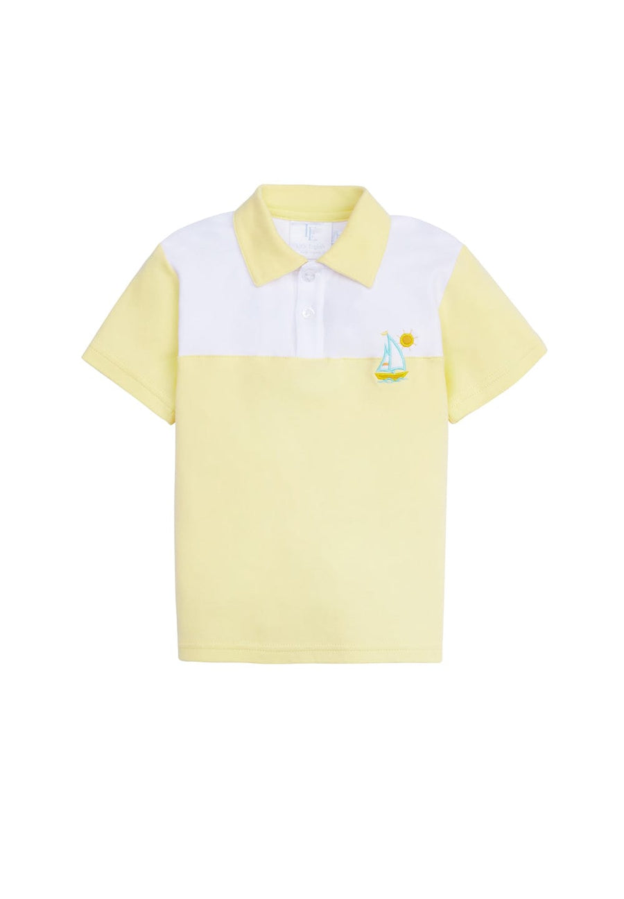 classic childrens clothing boys color block polo in white and yellow with embroidered sailboat 