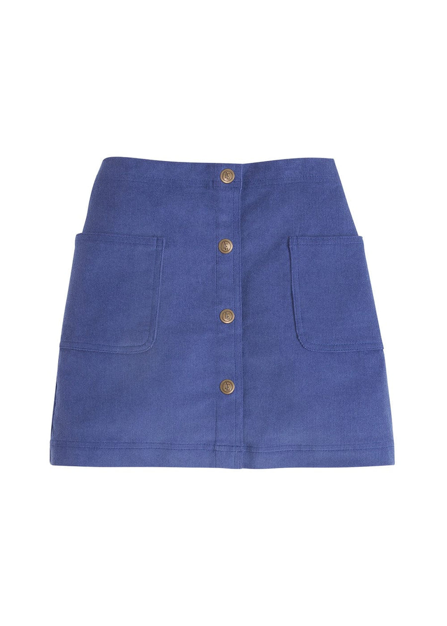 classic childrens clothing girls skirt with brass buttons down the front and side pockets in gray blue color